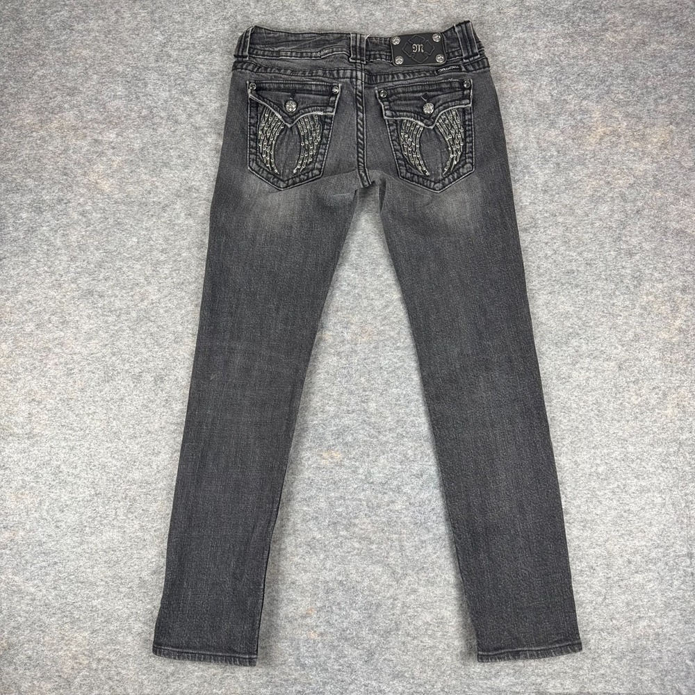 Miss Me Skinny Jeans 29" Denim Embellished Wings Stretch Cotton Gray Womens 29